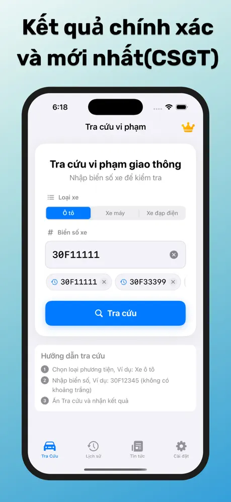 Màn hình tra cứu vi phạm giao thông